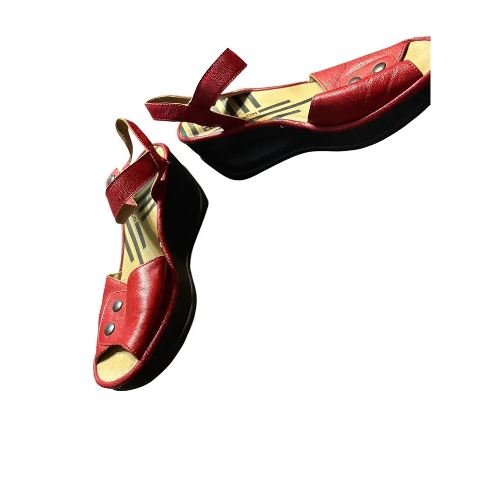 Fly London Red Leather Wedge Sandals Peep Toe Platform Ankle Strap Size 40